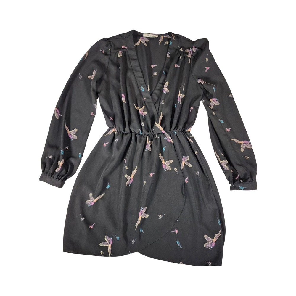 Honey Bella Black Bird Print Long Sleeve V-Neck Mini Dress Elastic‎ Waist Tulip